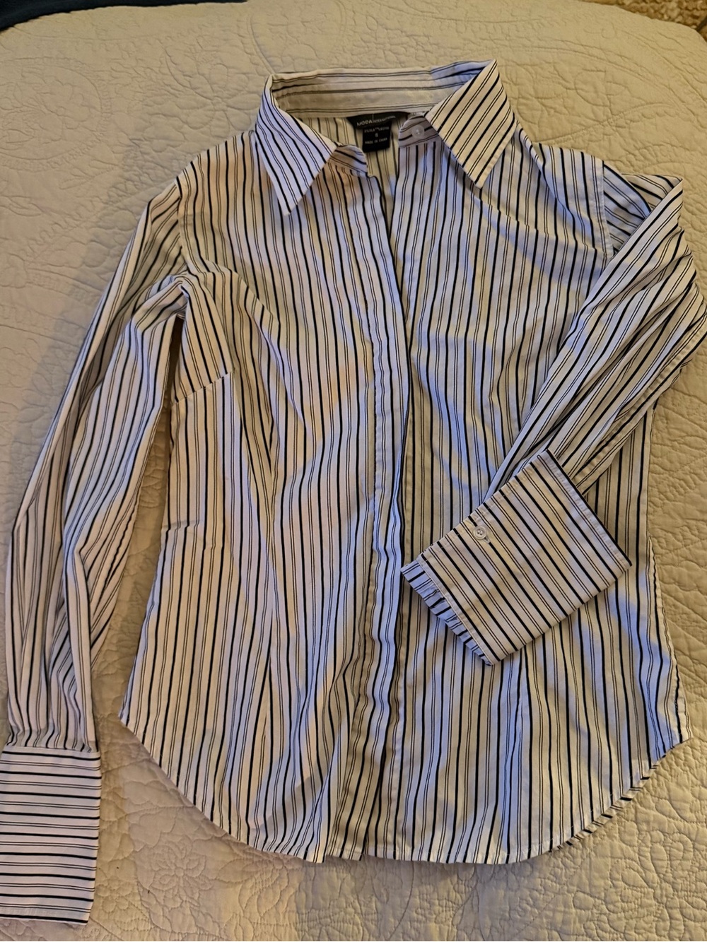 Vintage - 1990s Moda White Dress Shirt with Black Stripes